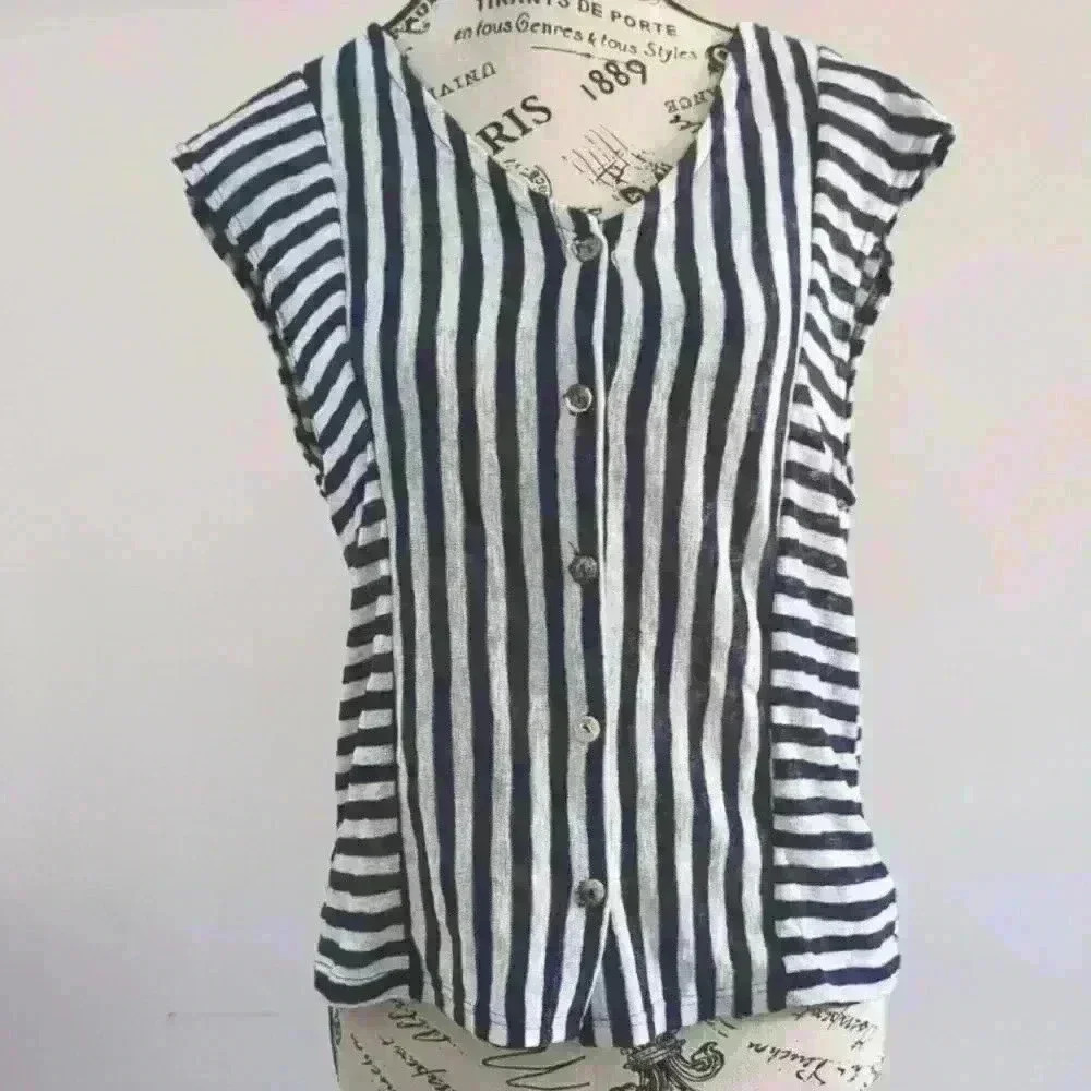 COIN 1804 | Women's Navy/White Striped Button Front Short Sleeved  Shirt